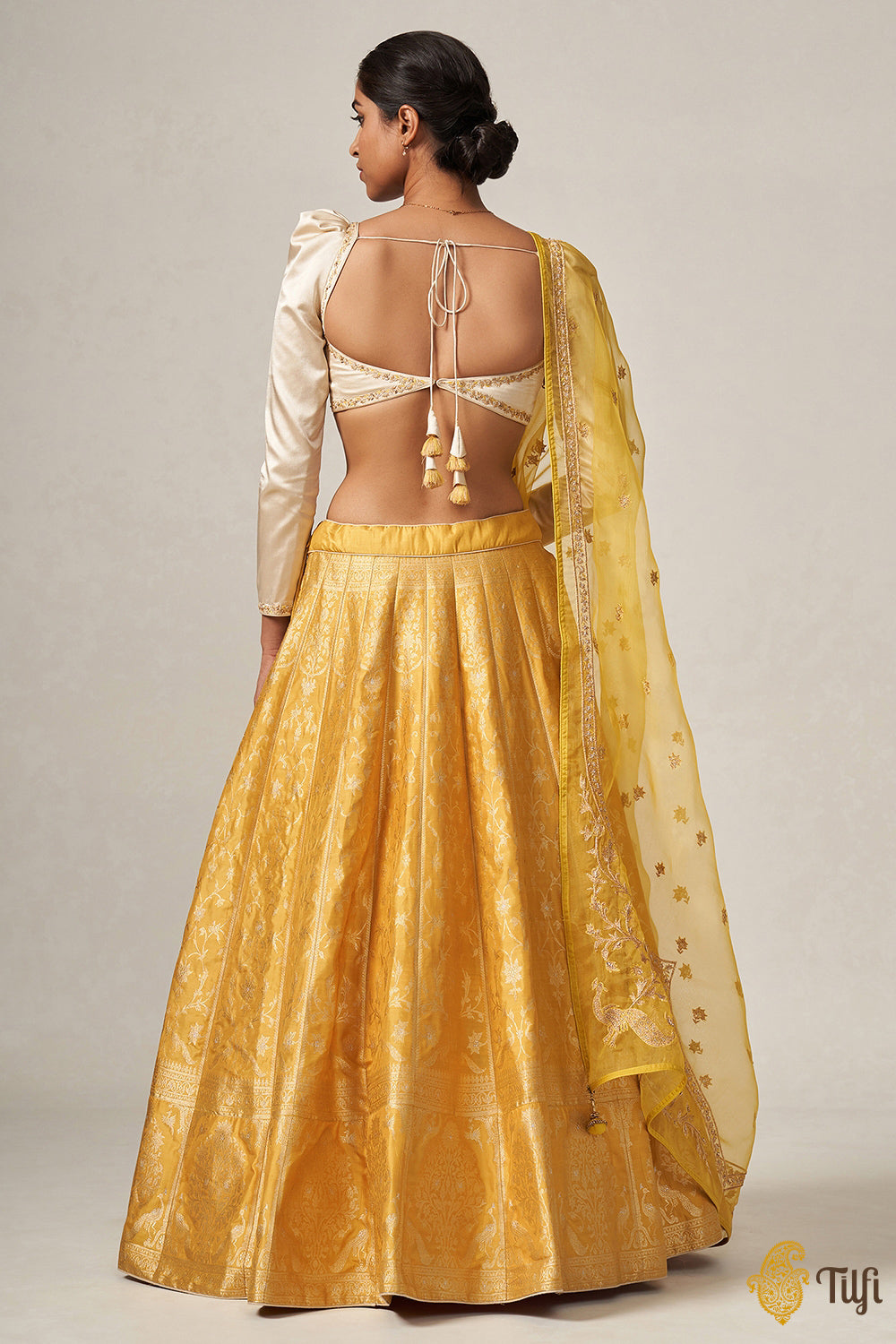 &#39;Indira&#39; Yellow Pure Katan Silk Banarasi Handloom Lehenga Set