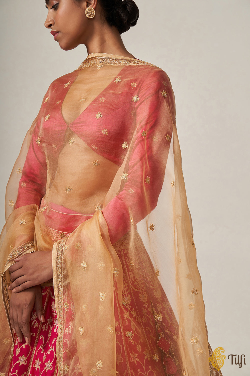 &#39;Indira&#39; Red-Rani Pink Pure Katan Silk Banarasi Handloom Lehenga Set