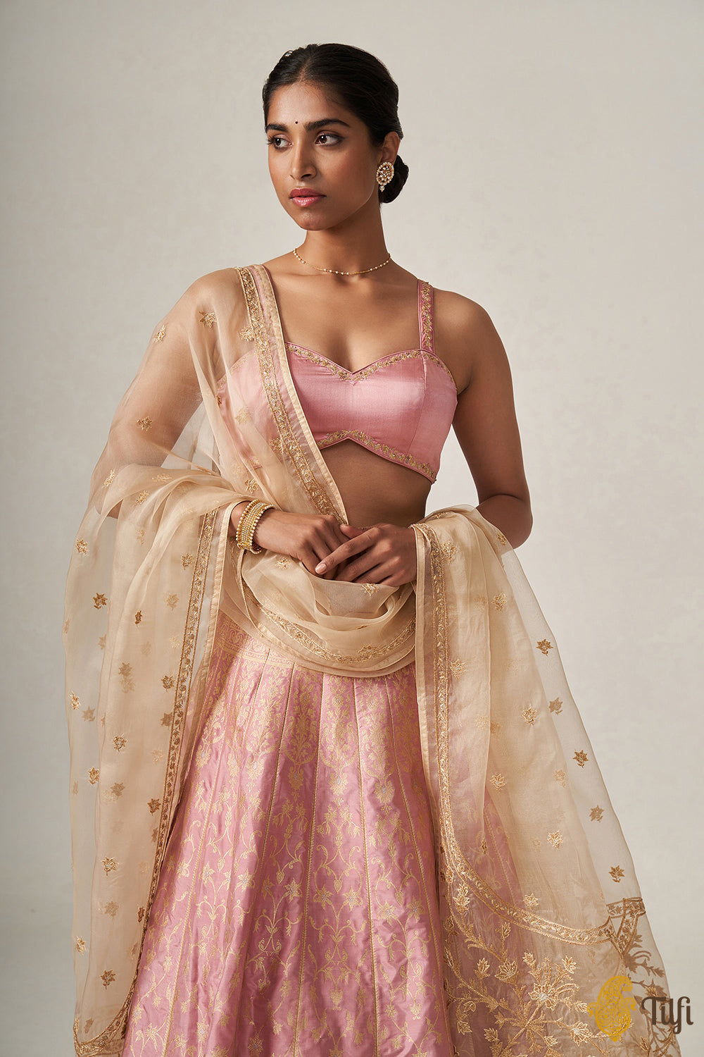 &#39;Indira&#39; Old Rose Pink Pure Katan Silk Banarasi Handloom Lehenga Set