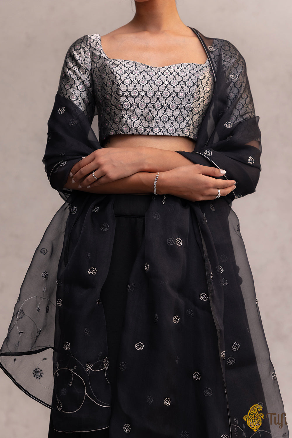Black Banarasi Handloom Lehenga Set with Hand-embroidered Dupatta