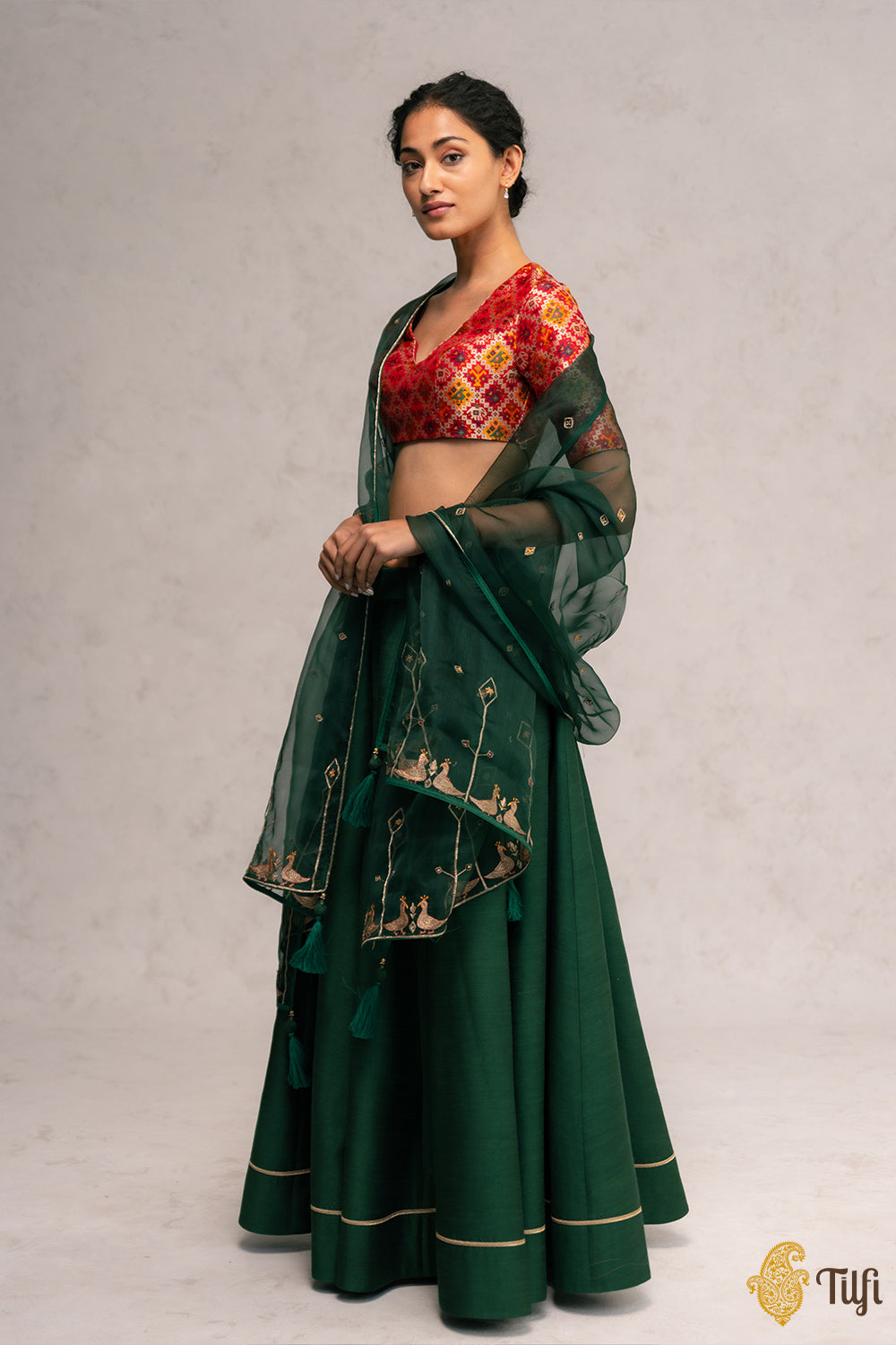 Dark Green Patola Banarasi Handloom Lehenga Set with Hand-embroidered Dupatta