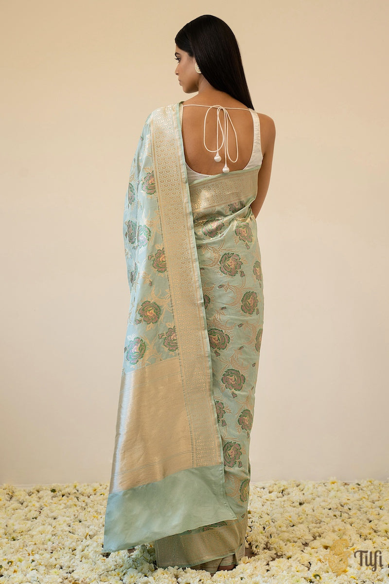 &#39;Bed of Roses&#39; Powder Blue Pure Katan Silk Banarasi Floral Handloom Saree