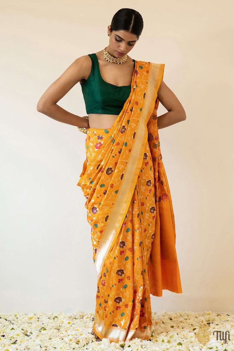 &#39;Bhairavi&#39; Orange Pure Katan Silk Banarasi Handloom Saree