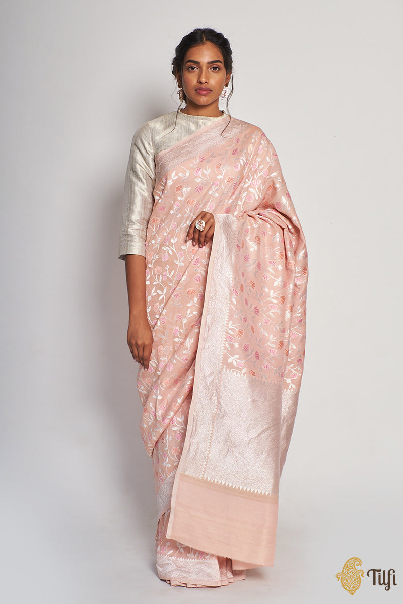 Powder Pink Pure Tussar Georgette Silk Banarasi Handloom Saree