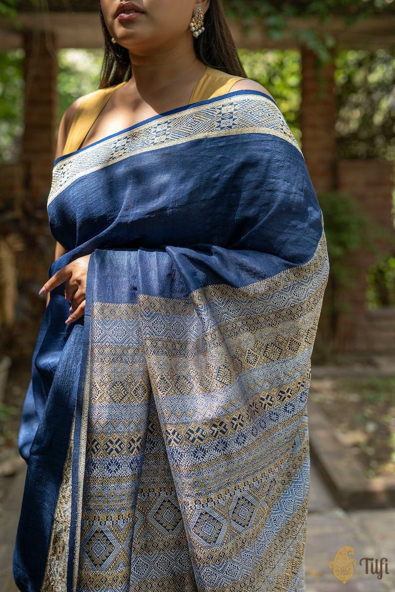 Pre-Order: Navy Blue Pure Tussar Georgette Silk Banarasi Handloom Saree