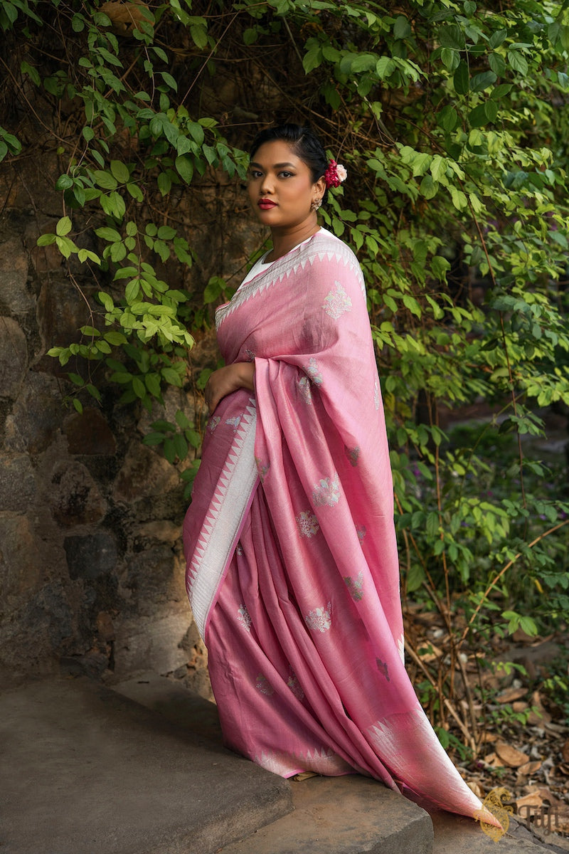 Carnation Pink Pure Tussar Georgette Silk Banarasi Handloom Saree