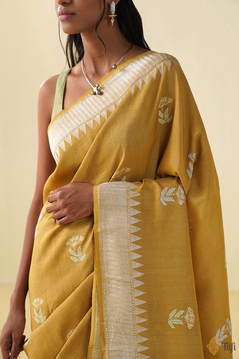 Ochre Yellow Pure Tussar Georgette Silk Banarasi Handloom Saree