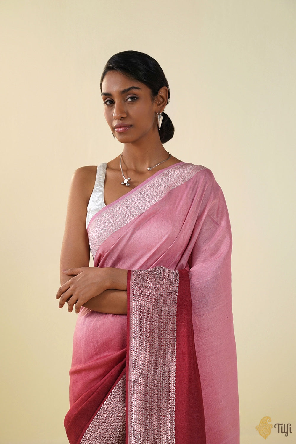 Light Pink-Maroon Ombr√© Pure Tussar Georgette Silk Banarasi Handloom Saree