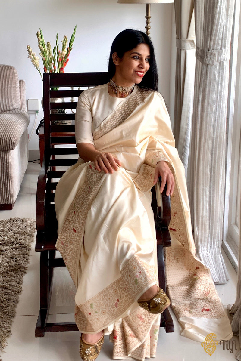 &#39;Hunar&#39; Off-White Pure Katan Silk Banarasi Handloom Saree