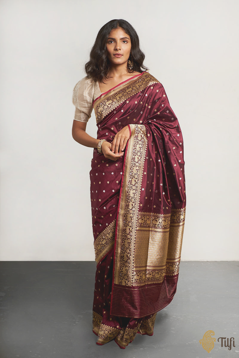 &#39;Nayantara&#39; Deep Magenta Pure Katan Silk Banarasi Handloom Saree