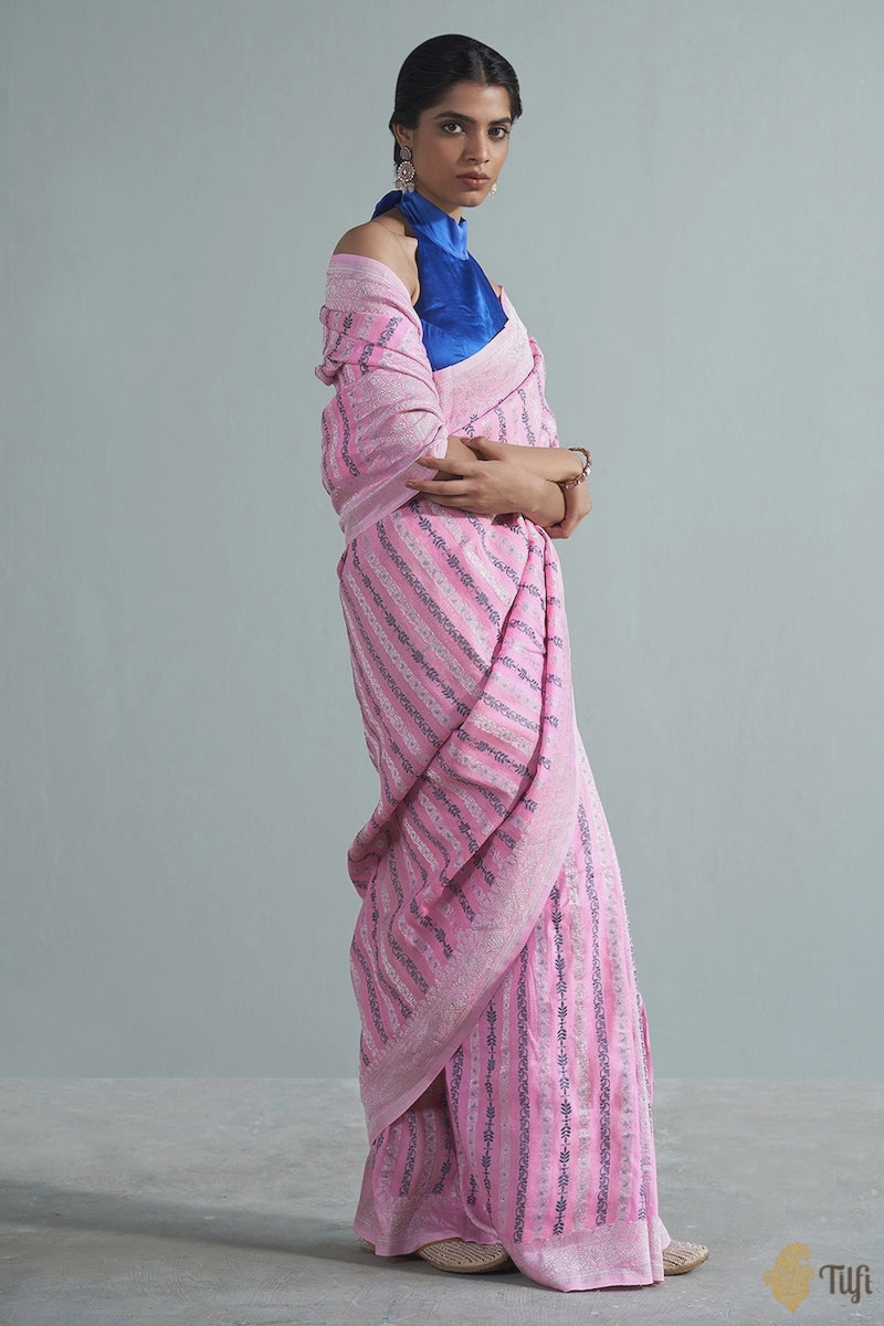 Pink Pure Tussar Georgette Banarasi Handloom Saree