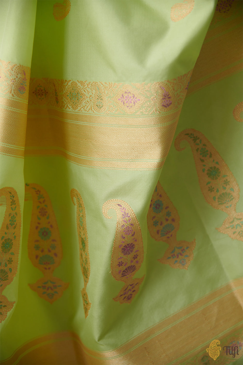 &#39;Rukmini&#39; Lime Green Pure Katan Silk Banarasi Handloom Saree