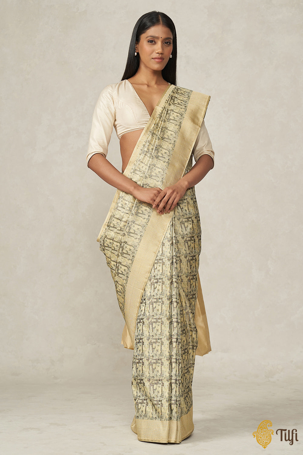 &#39;Prerana&#39; Beige Pure Soft Satin Silk Banarasi Handloom Saree