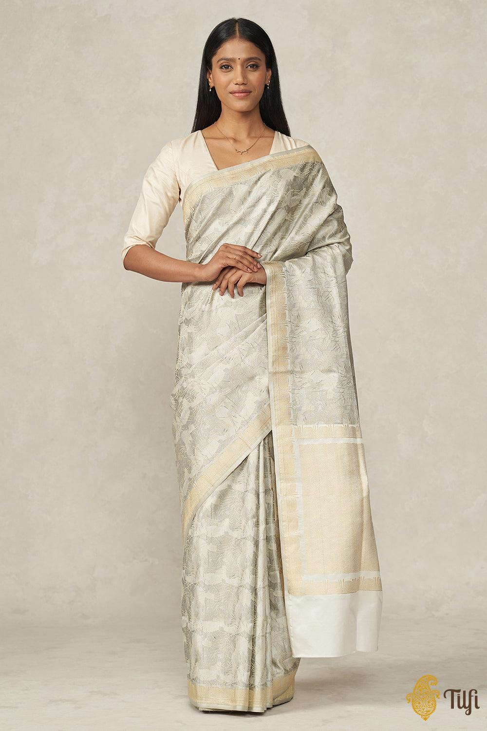 &#39;Sunayana&#39; White-Grey Pure Soft Satin Silk Banarasi Handloom Saree