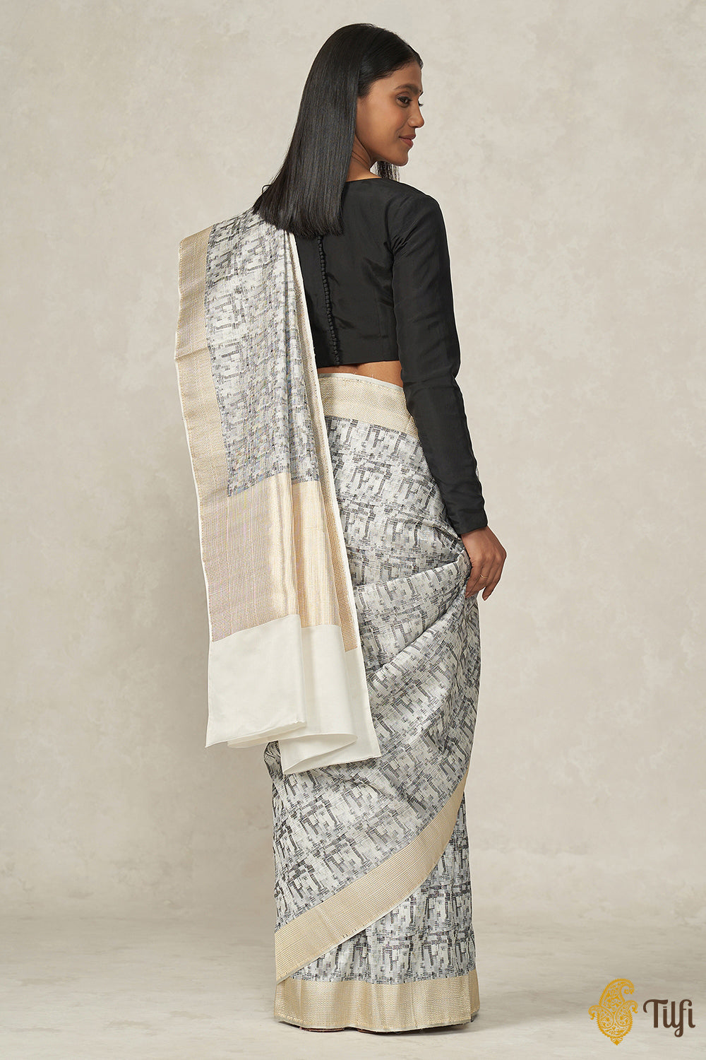 &#39;Prerana&#39; White-Black-Grey Pure Soft Satin Silk Banarasi Handloom Saree