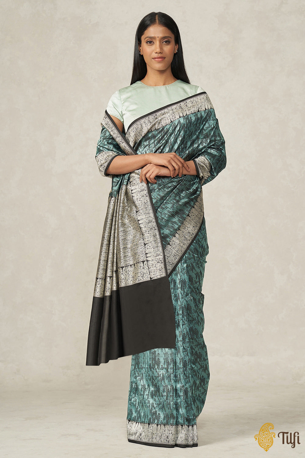 &#39;Kumudini&#39; Turquoise-Black Pure Katan Silk Banarasi Handloom Saree