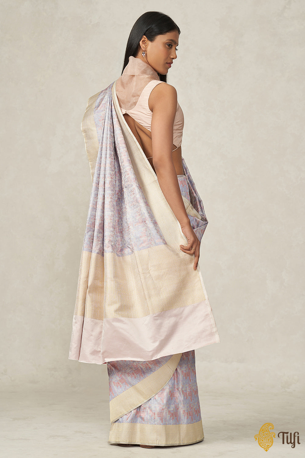 &#39;Prerana&#39; Pink-Blue Pure Soft Satin Silk Banarasi Handloom Saree