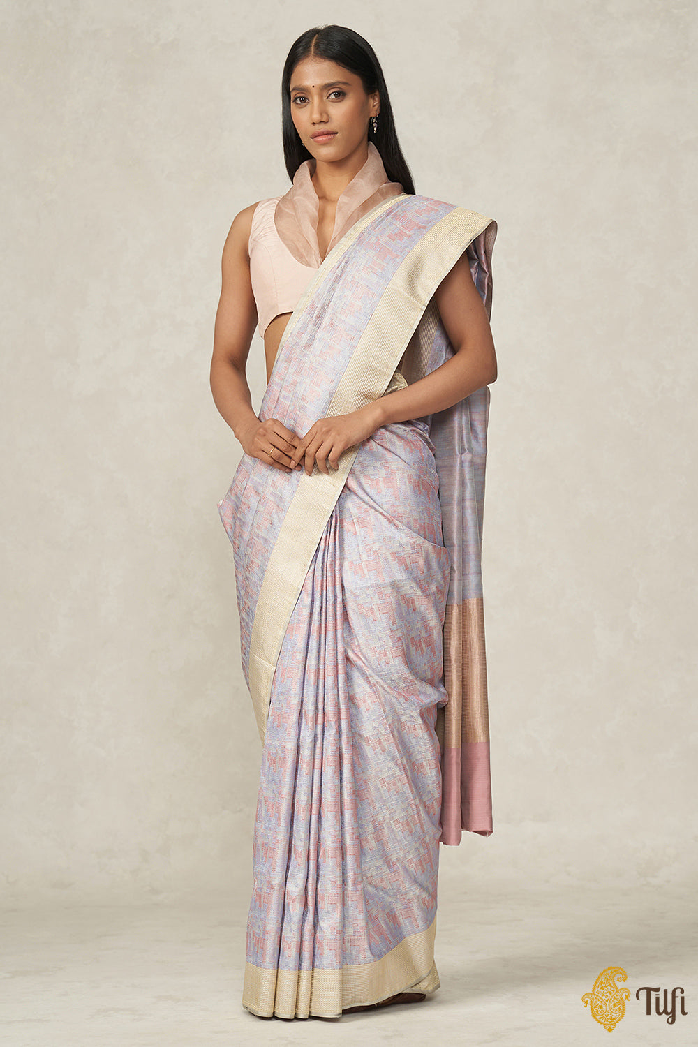 &#39;Prerana&#39; Pink-Blue Pure Soft Satin Silk Banarasi Handloom Saree