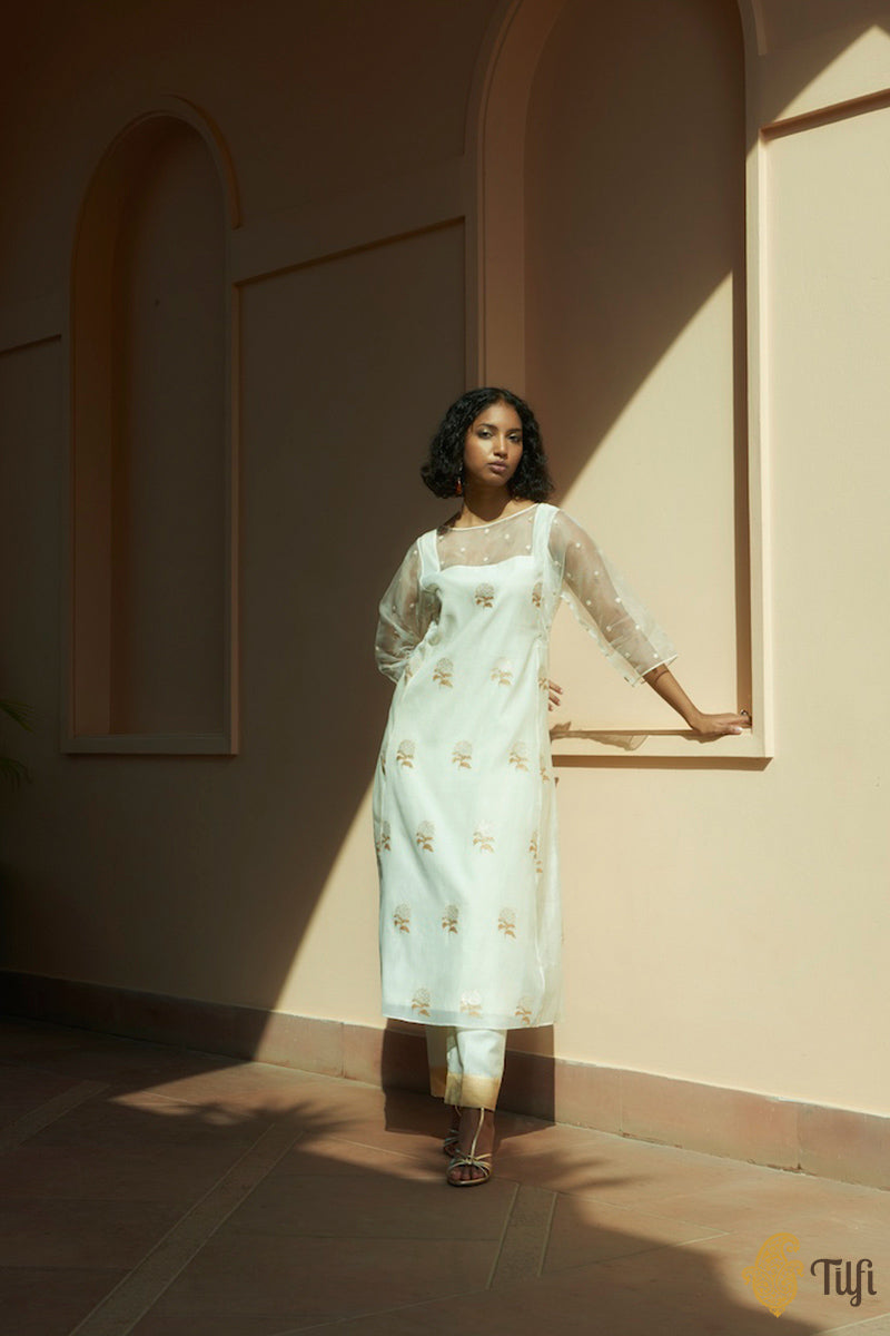 Off-White Pure Kora Silk by Cotton Handwoven Banarasi Suit Set
