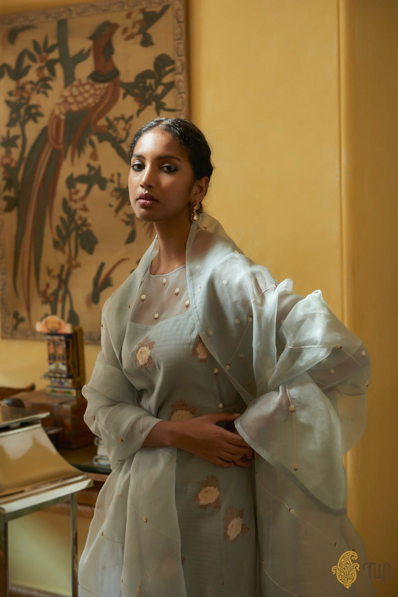 Wedgewood Grey Pure Kora Silk by Cotton Handwoven Banarasi Suit Set