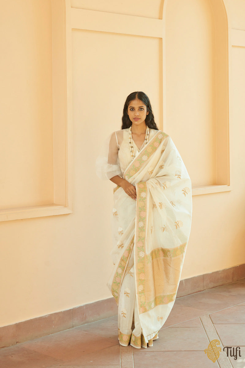 &#39;Morning Dew&#39; Off-White Pure Kora Silk by Cotton Handwoven Banarasi Saree