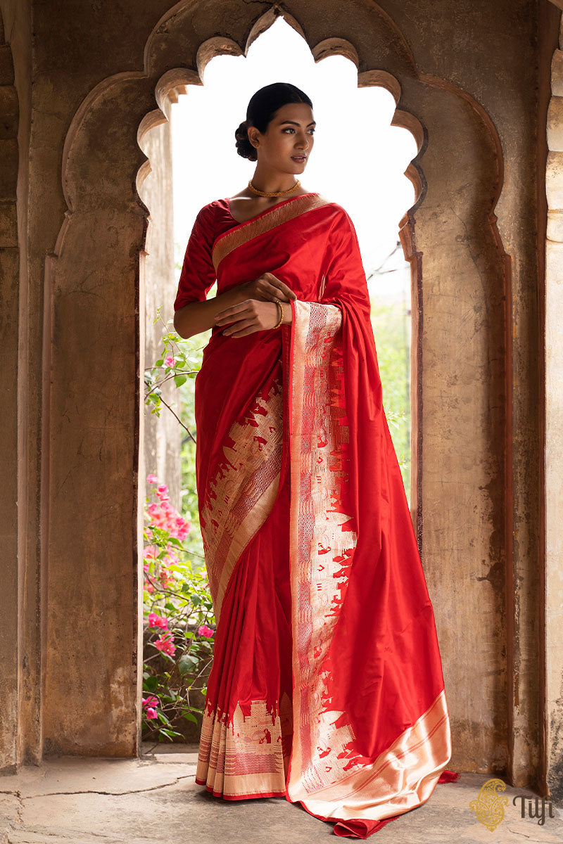 &#39;Kashi&#39; Red Pure Katan Silk Banarasi Handloom Saree
