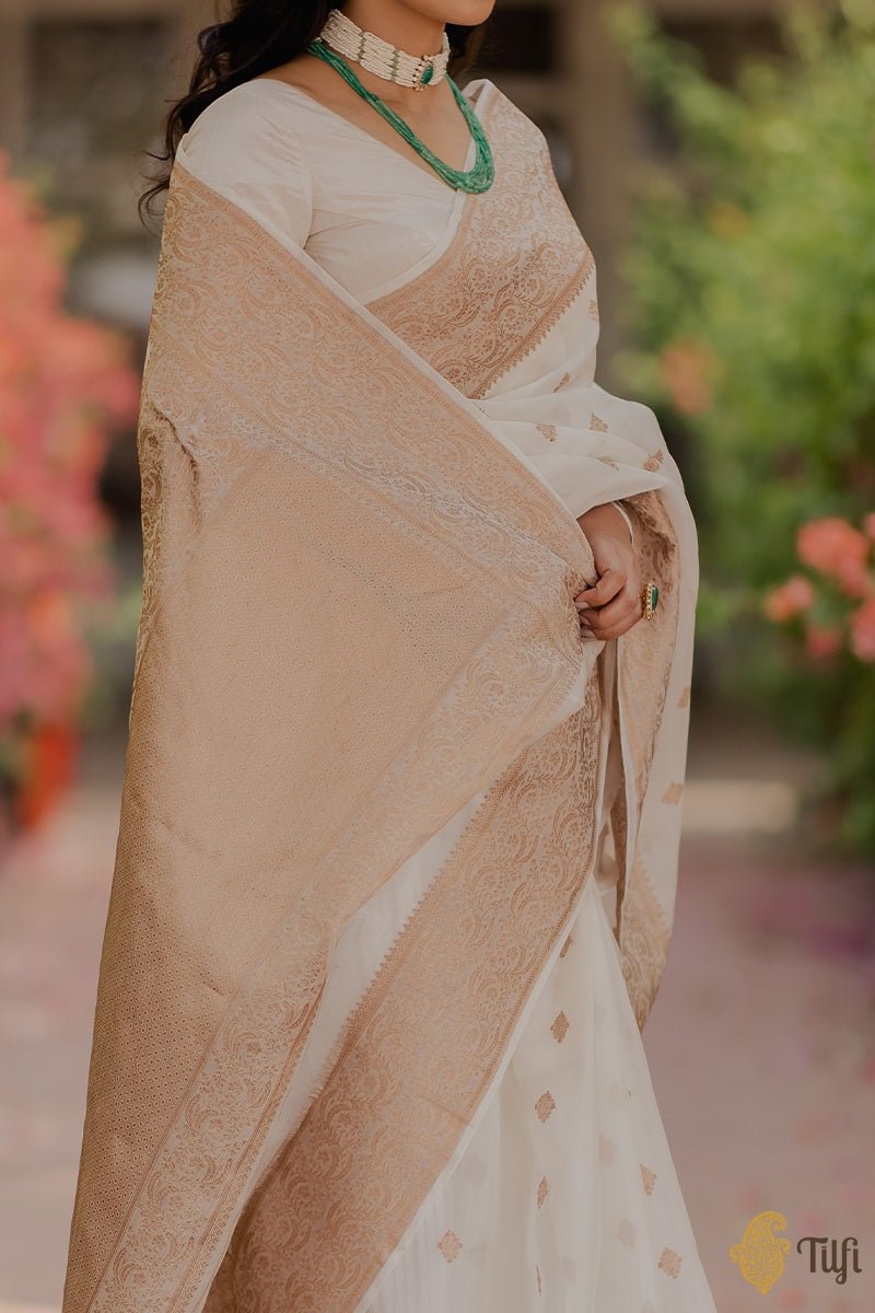 &#39;Kartika&#39; White Pure Kora Silk Handloom Banarasi Kadwa Saree