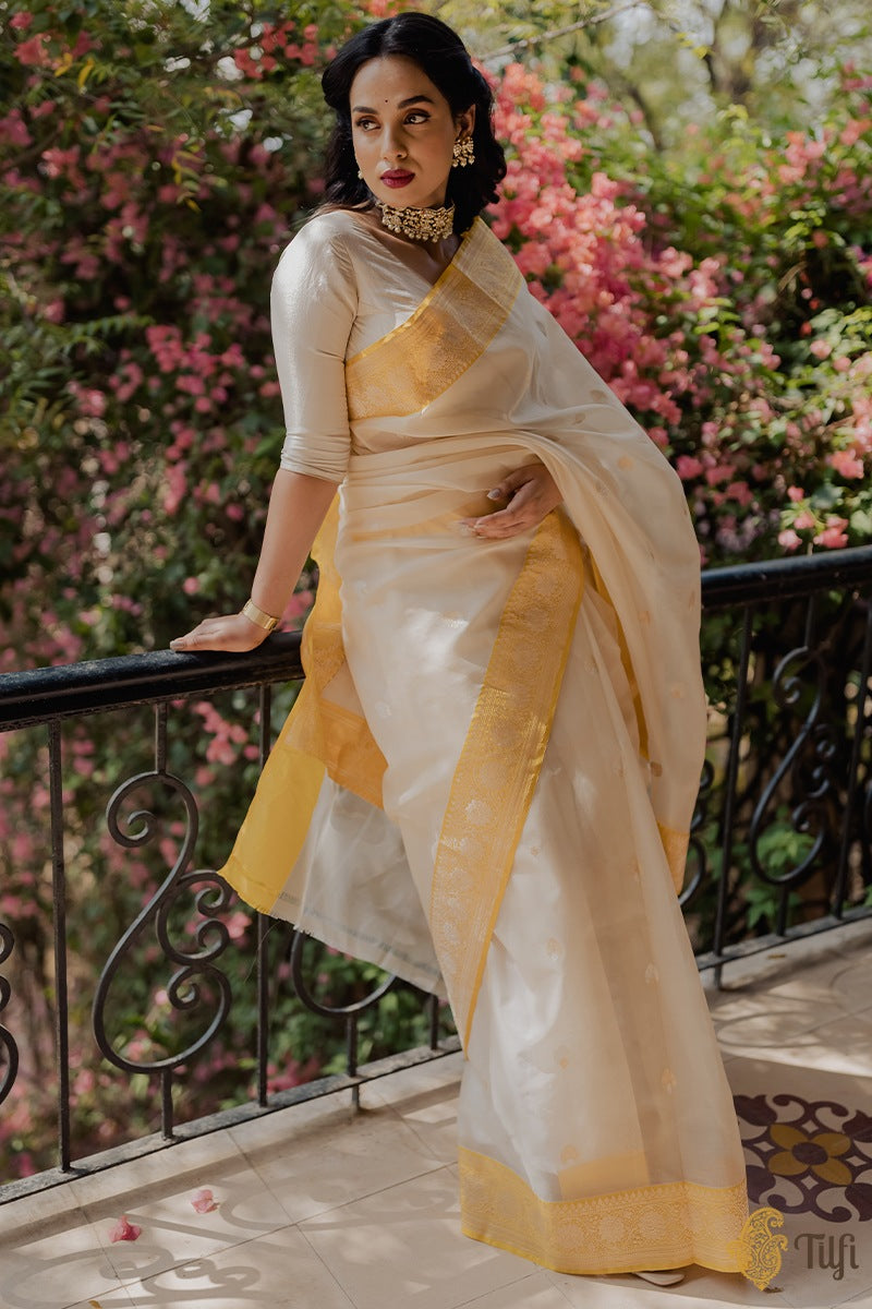 &#39;Ashada&#39; Cream-Yellow Pure Kora Silk Banarasi Handloom Saree