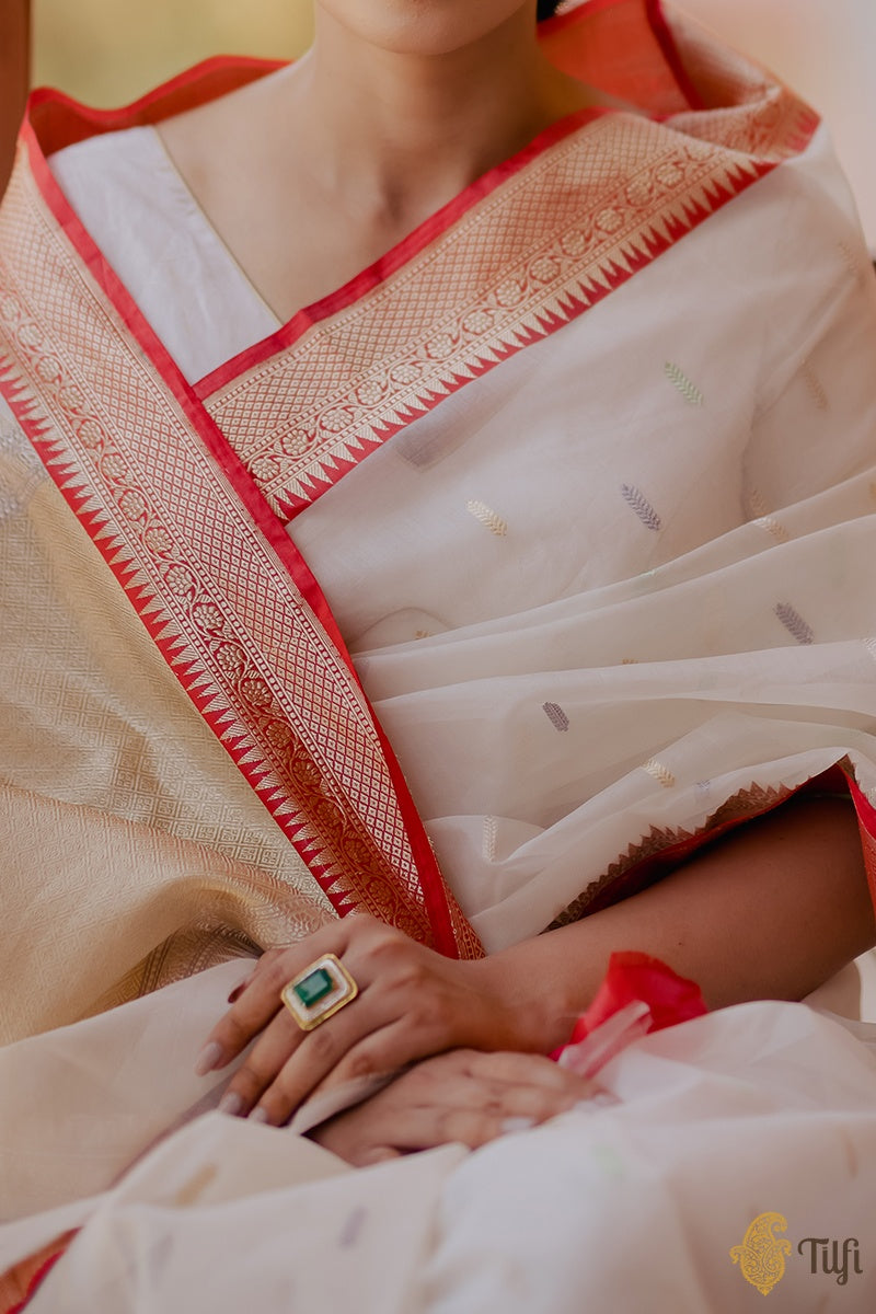 &#39;Vaisakha&#39; Off-White-Red Pure Kora Silk Banarasi Handloom Saree