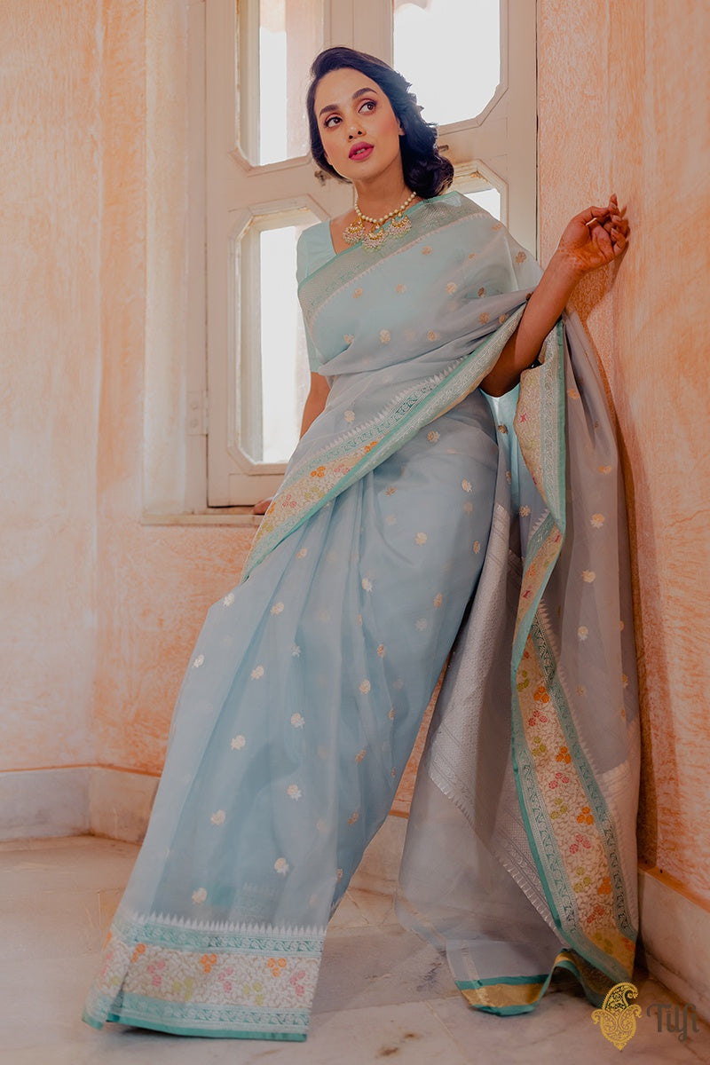 &#39;Chaitra&#39; Light Blue Pure Kora Silk Handloom Banarasi Kadwa Saree