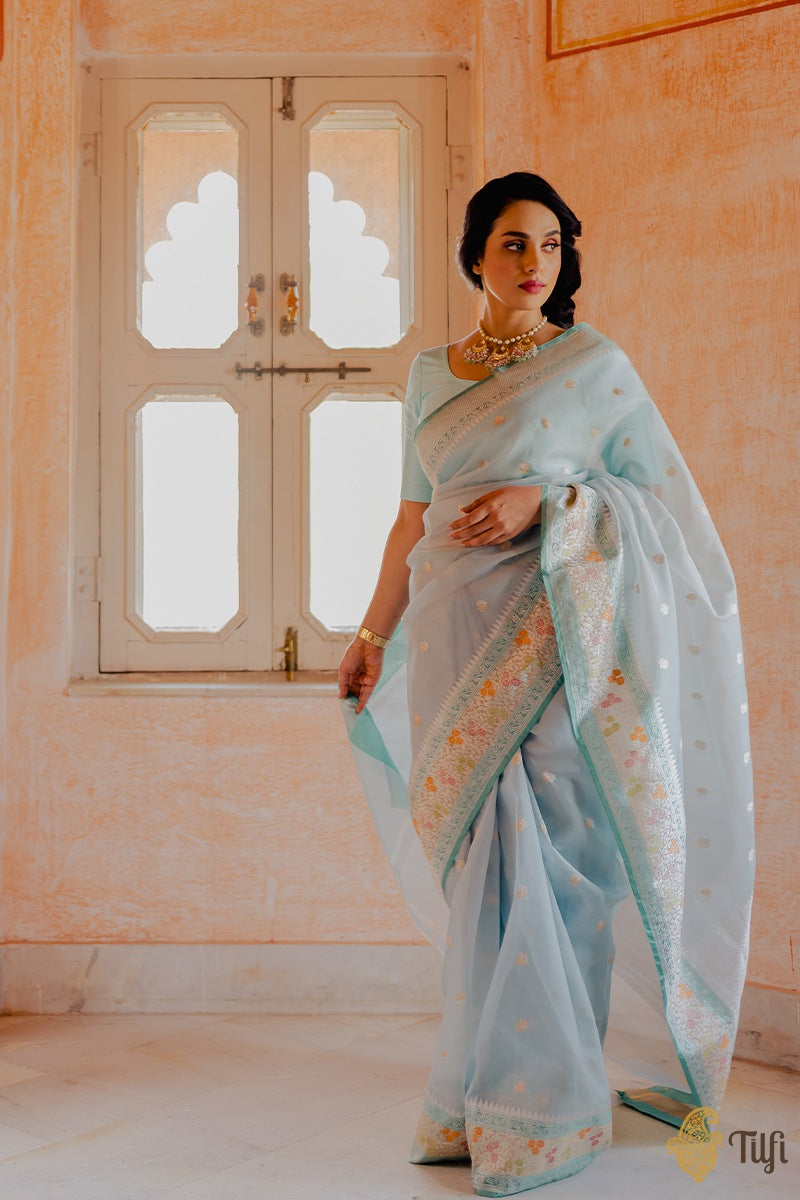 &#39;Chaitra&#39; Light Blue Pure Kora Silk Handloom Banarasi Kadwa Saree