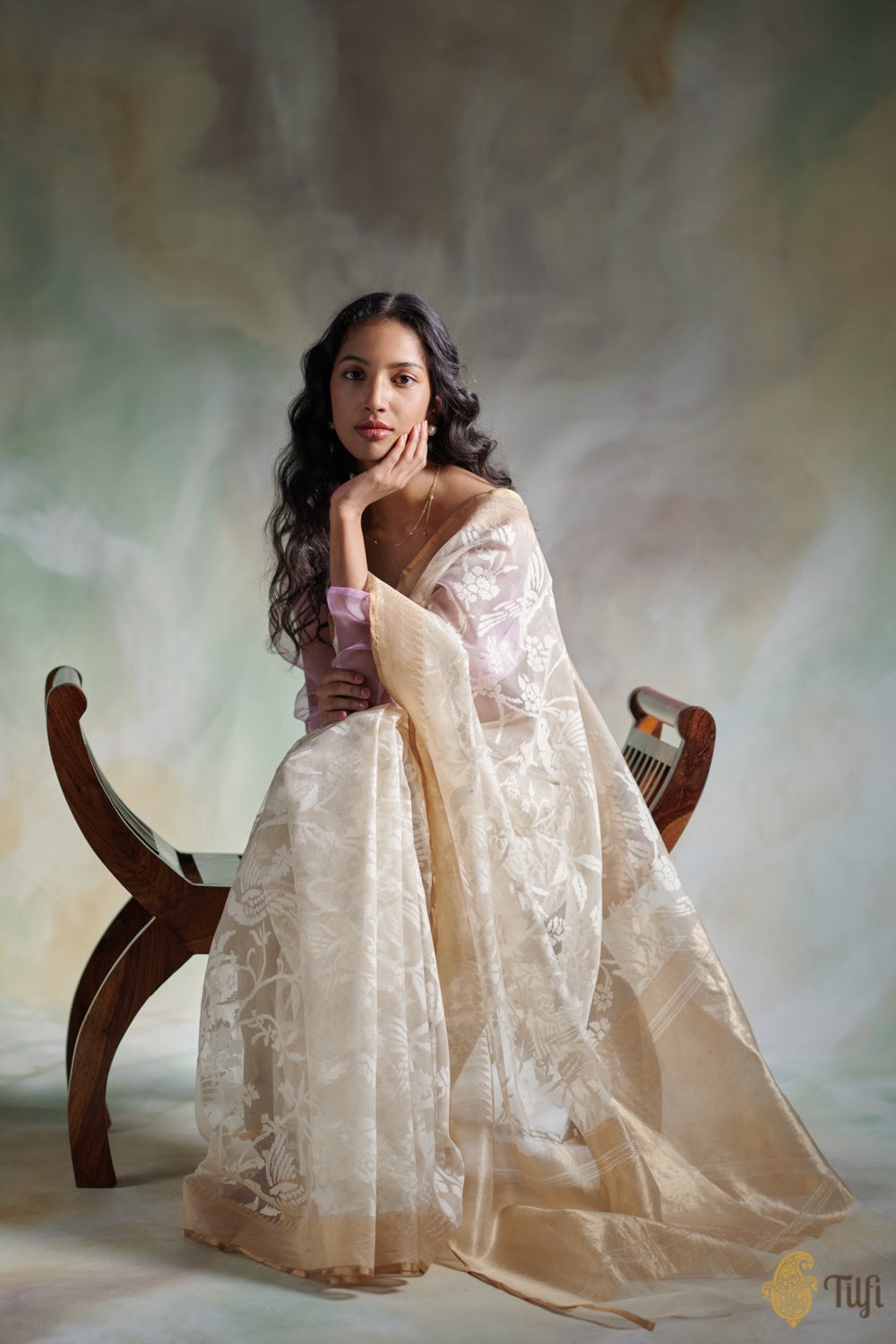 Off-White Pure Kora Silk Net Banarasi Handloom Saree