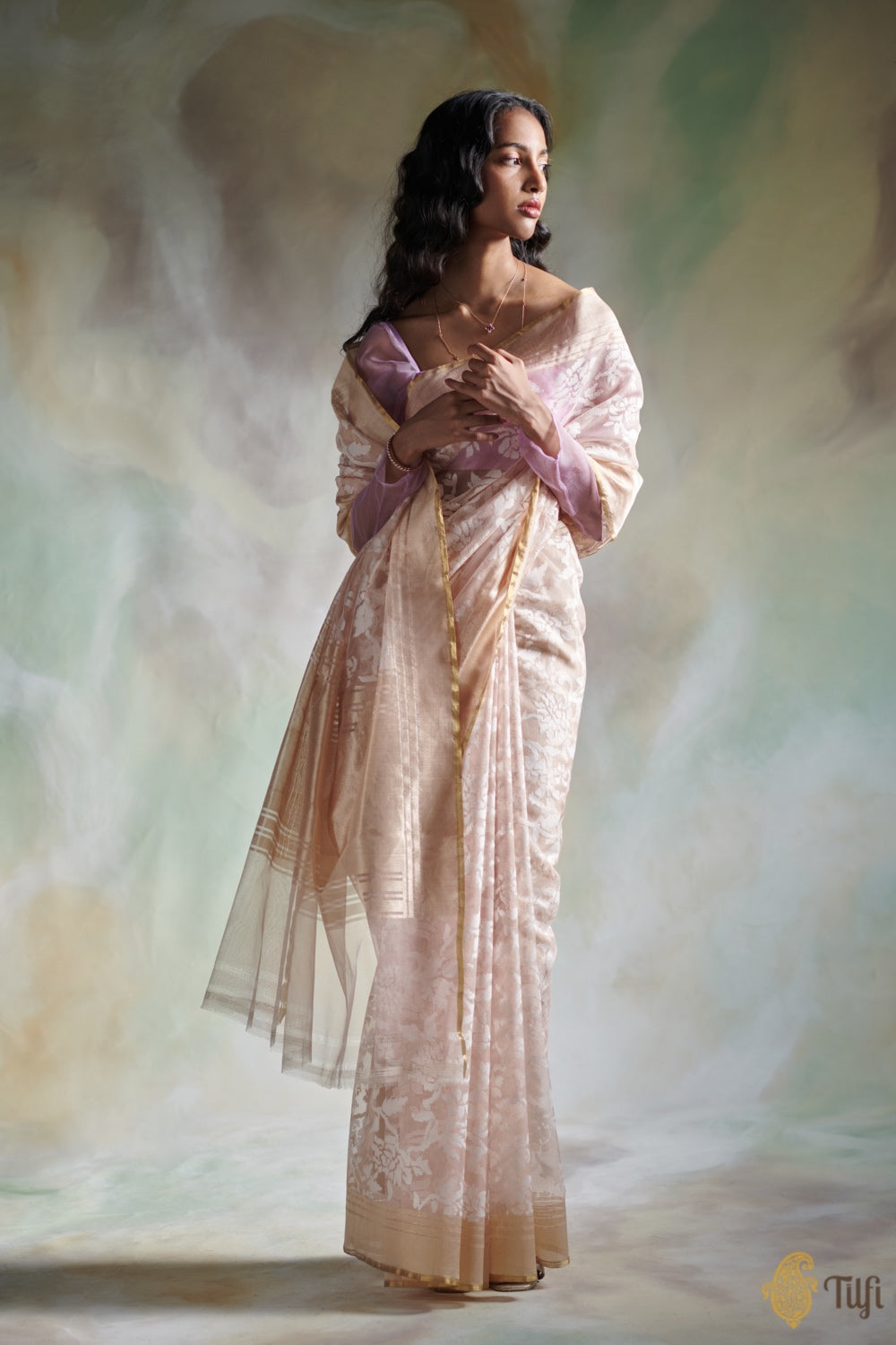 Powder Pink Pure Kora Silk Net Banarasi Handloom Saree