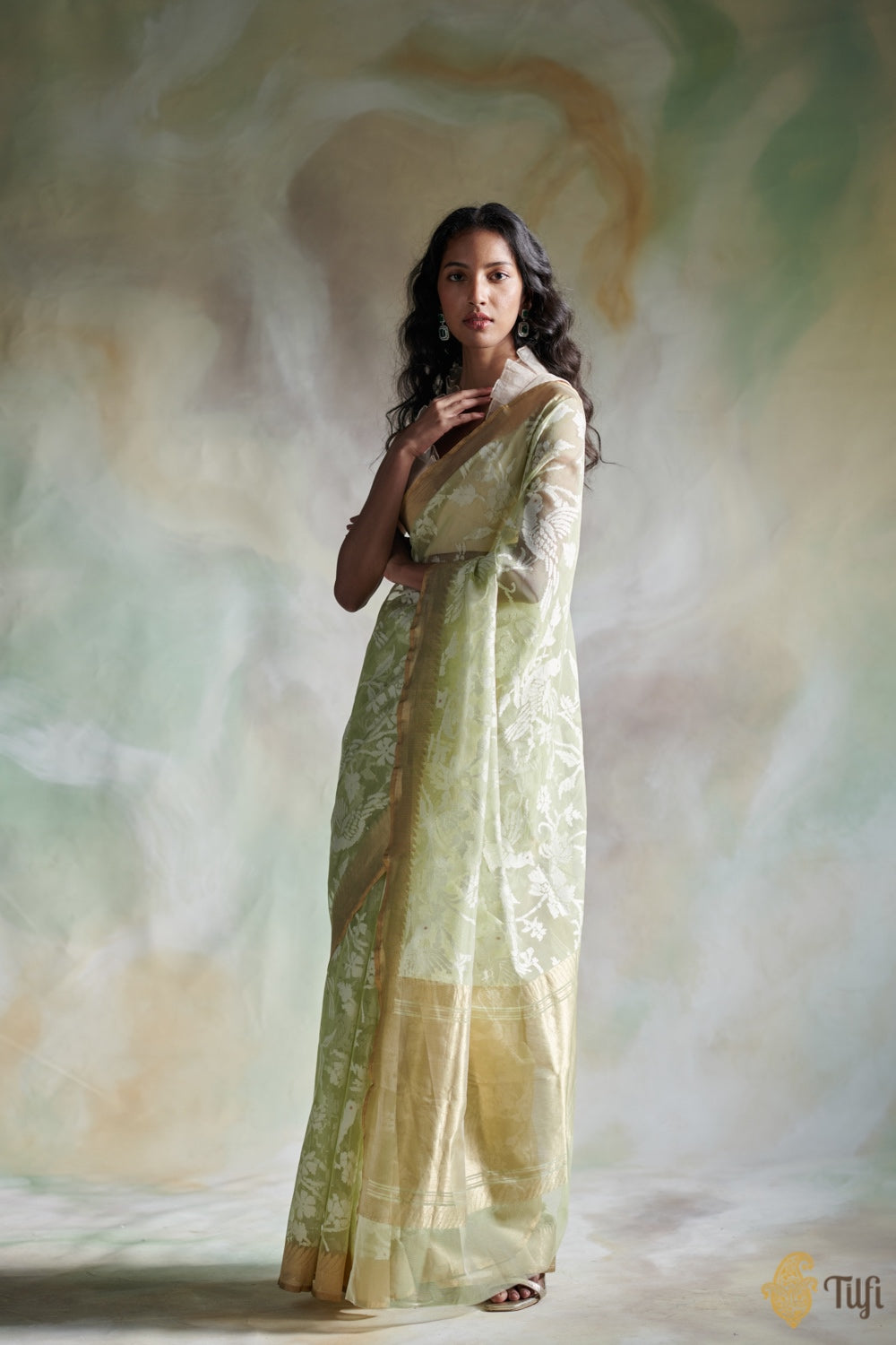 Soft Green Pure Kora Silk Net Banarasi Handloom Saree