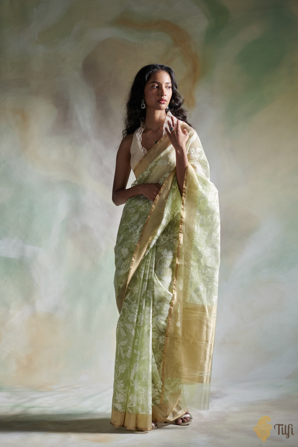 Soft Green Pure Kora Silk Net Banarasi Handloom Saree