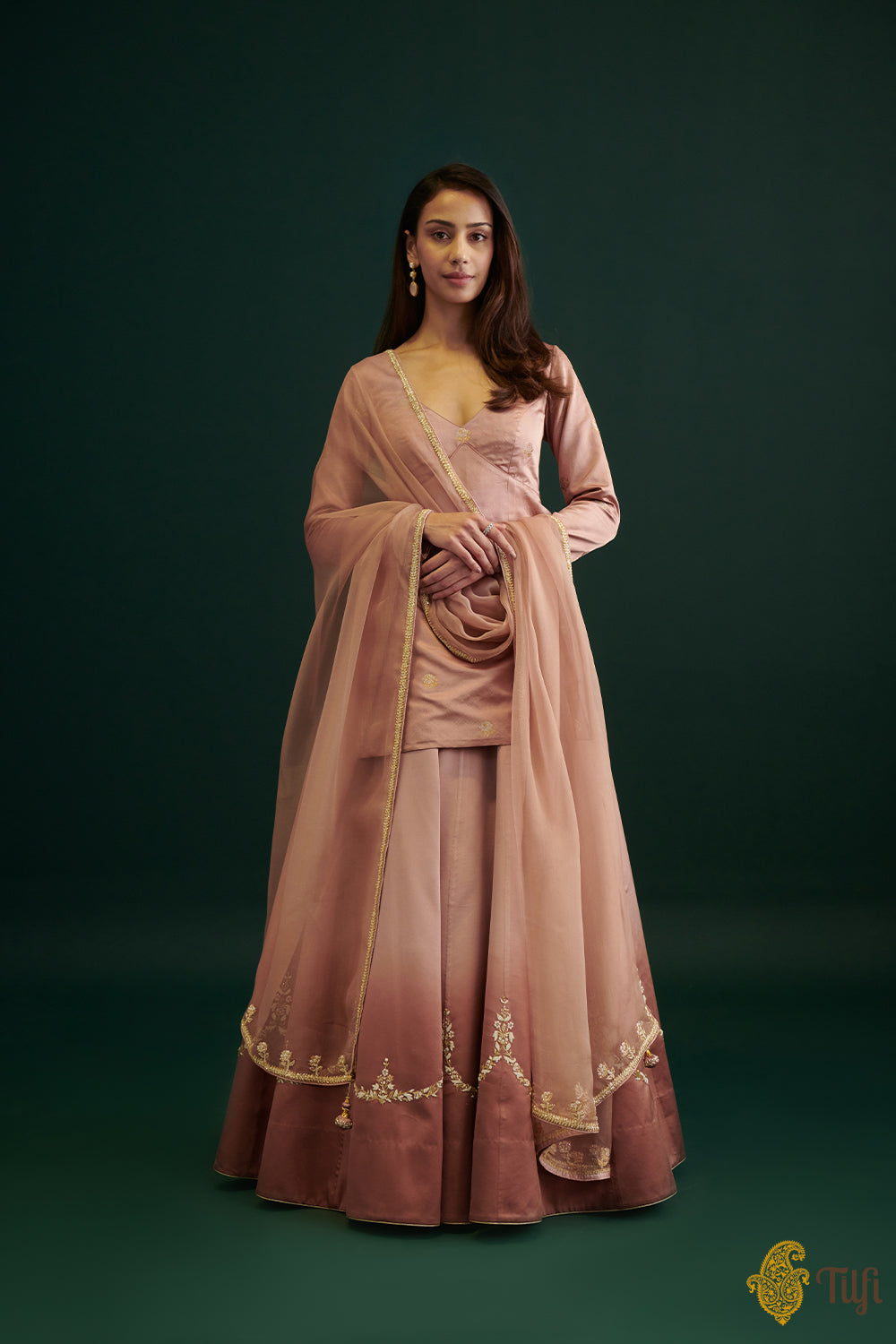 Old Rose Pure Satin Silk Short Kurta with Hand-embroidered Skirt and Dupatta