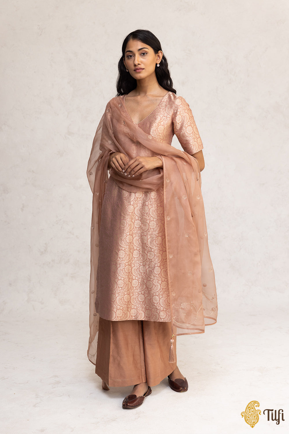 Light Brown Brocade Banarasi Handloom Suit Set with Hand-embroidered Dupatta