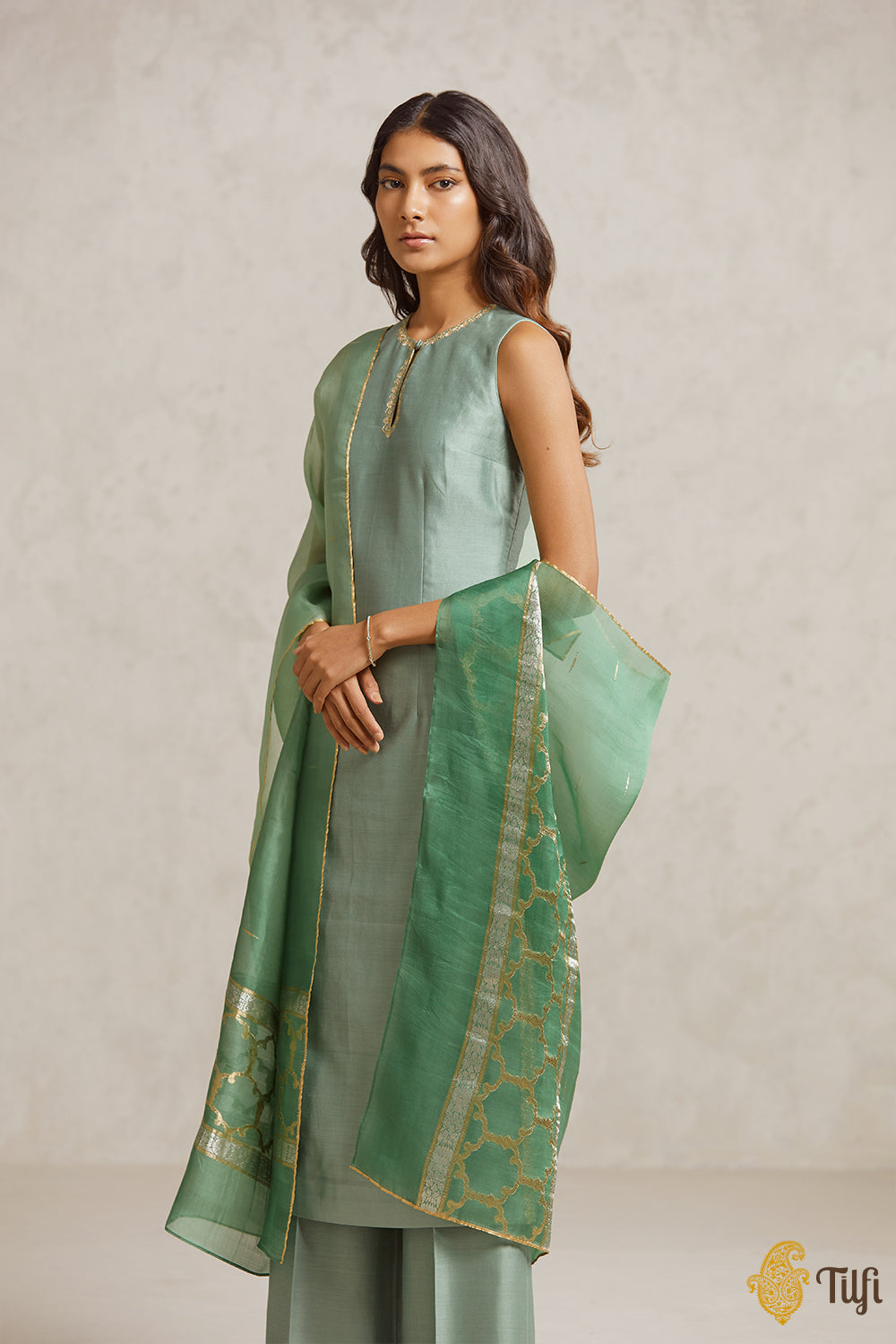Sage Green Pure Chanderi Silk Hand-embroidered Suit Set with Handwoven Dupatta
