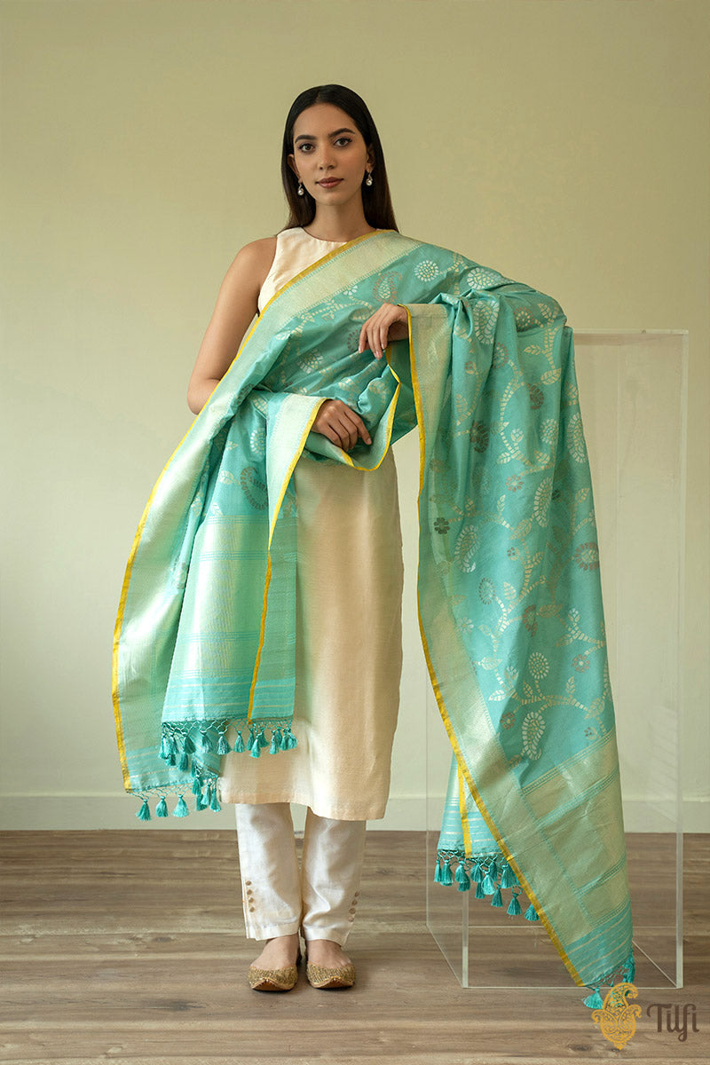 Turquoise Pure Katan Silk Georgette Banarasi Handloom Dupatta