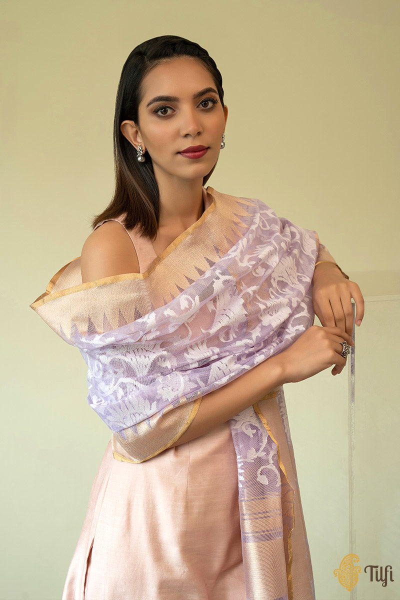 Lilac Pure Kora Silk Net Banarasi Handloom Dupatta