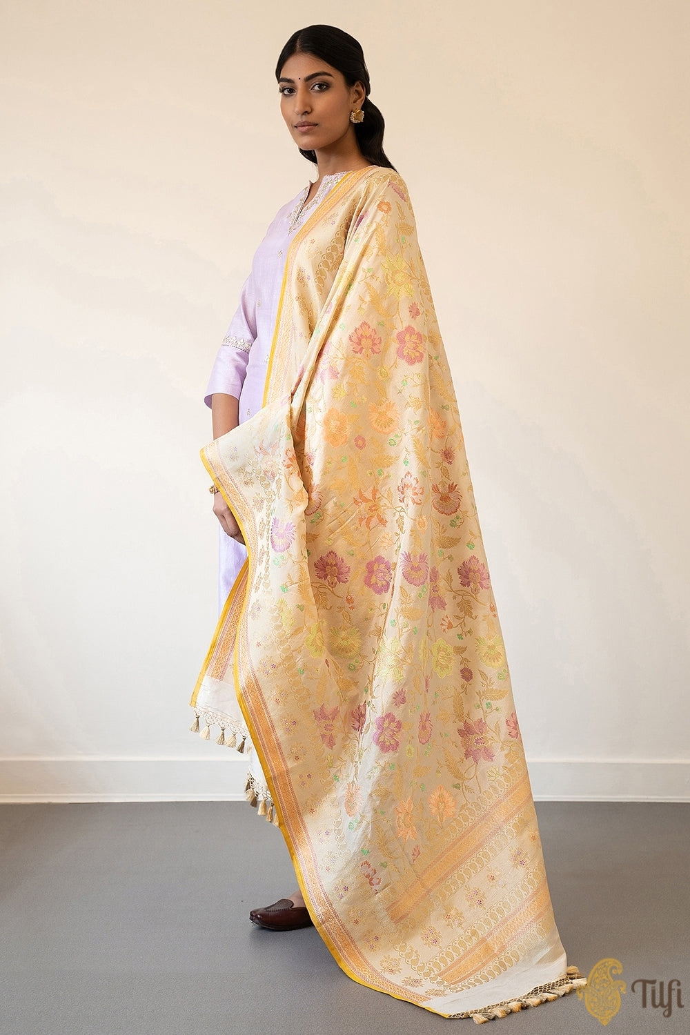 Beige Pure Katan Silk Tissue Banarasi Handloom Kadwa Jangla Dupatta