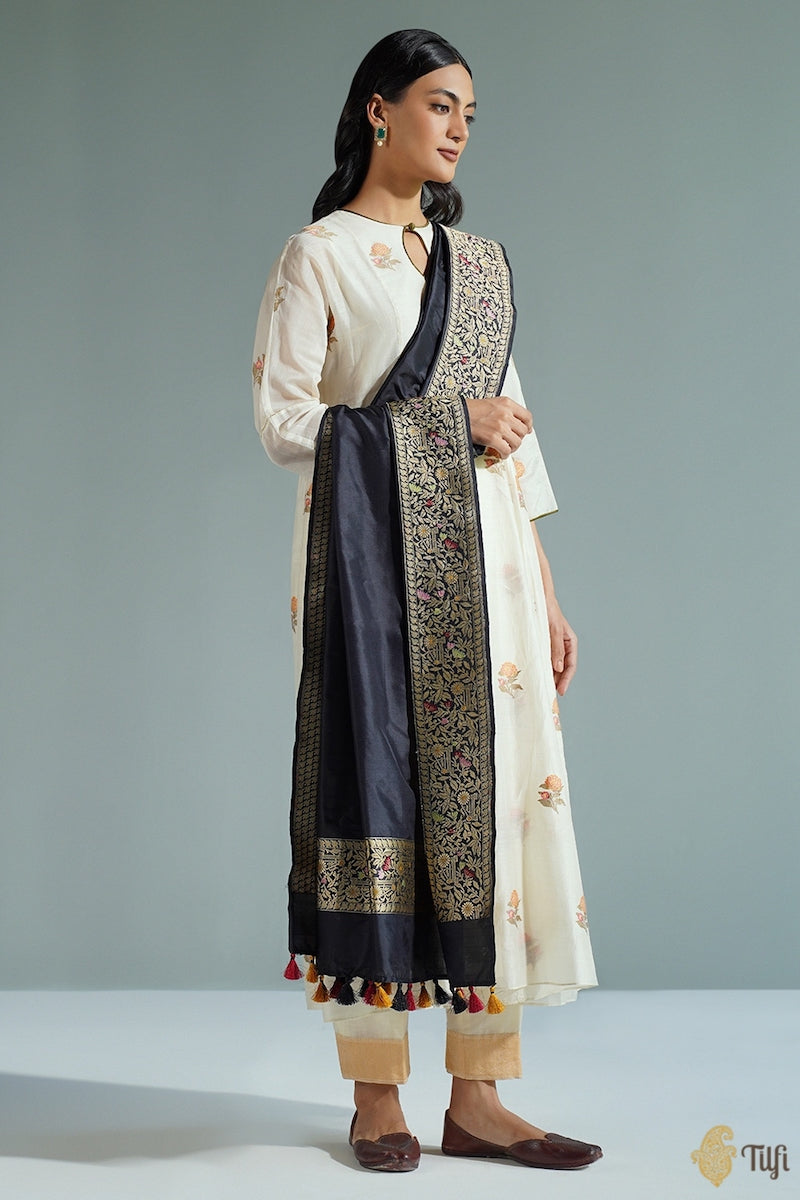 &#39;Hunar&#39; Black Pure Katan Silk Banarasi Handloom Dupatta