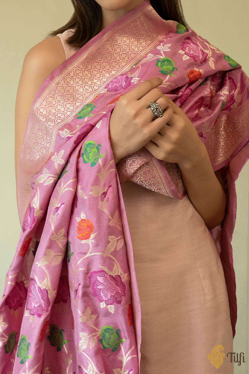 Pre-Order: Amaranth Pink Pure Katan Silk Banarasi Handloom Dupatta