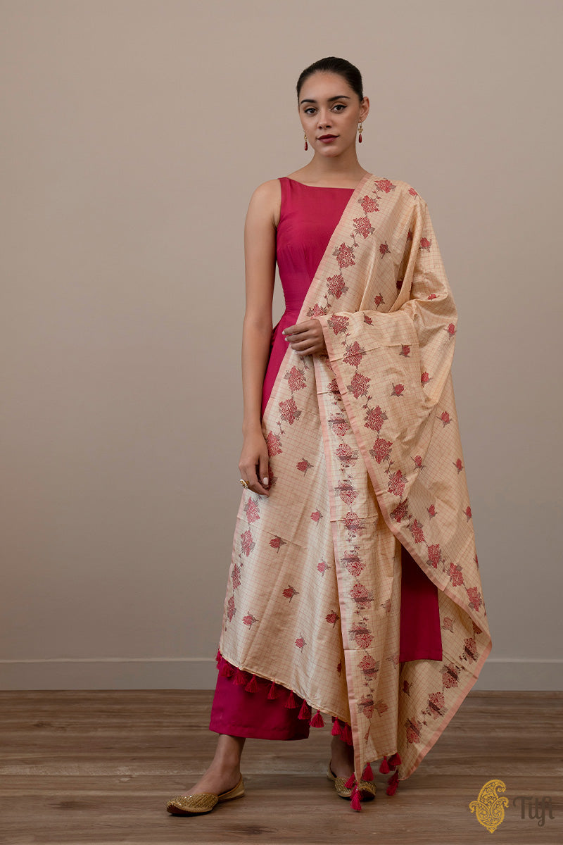 Beige-Pink Pure Katan Silk Banarasi Handloom Dupatta