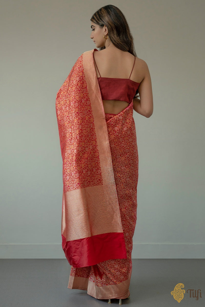 &#39;Urvashi&#39; Red Pure Katan Silk Banarasi Handloom Saree