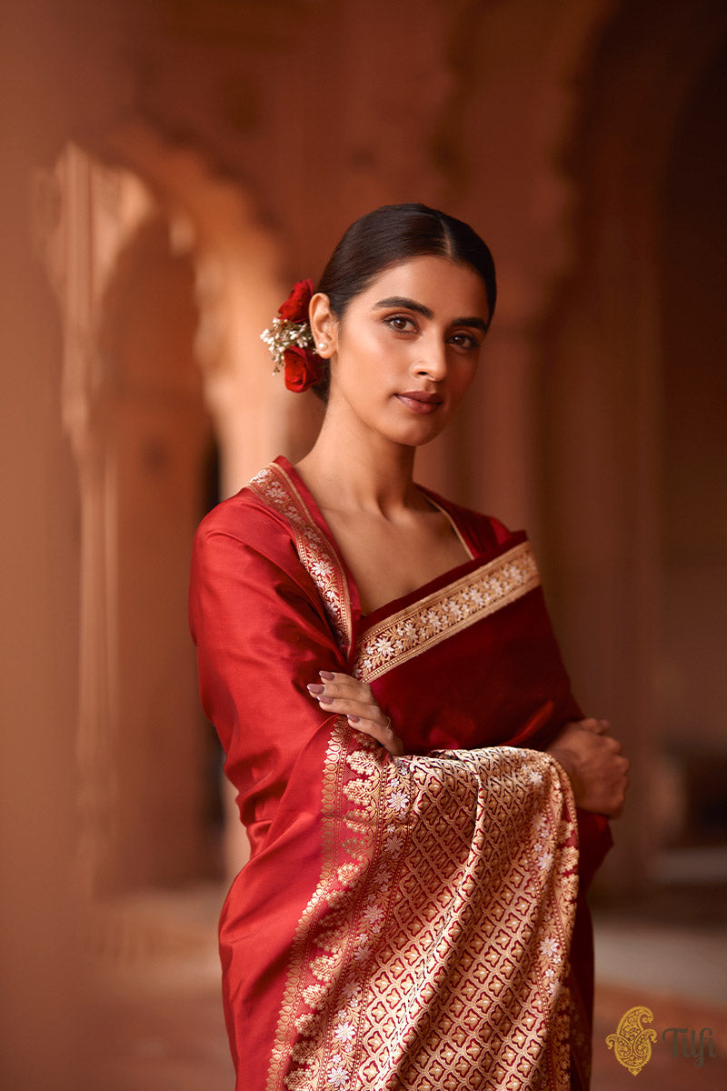 Pre-Order: &#39;Maya&#39; Red Pure Soft Satin Silk Banarasi Handloom Saree