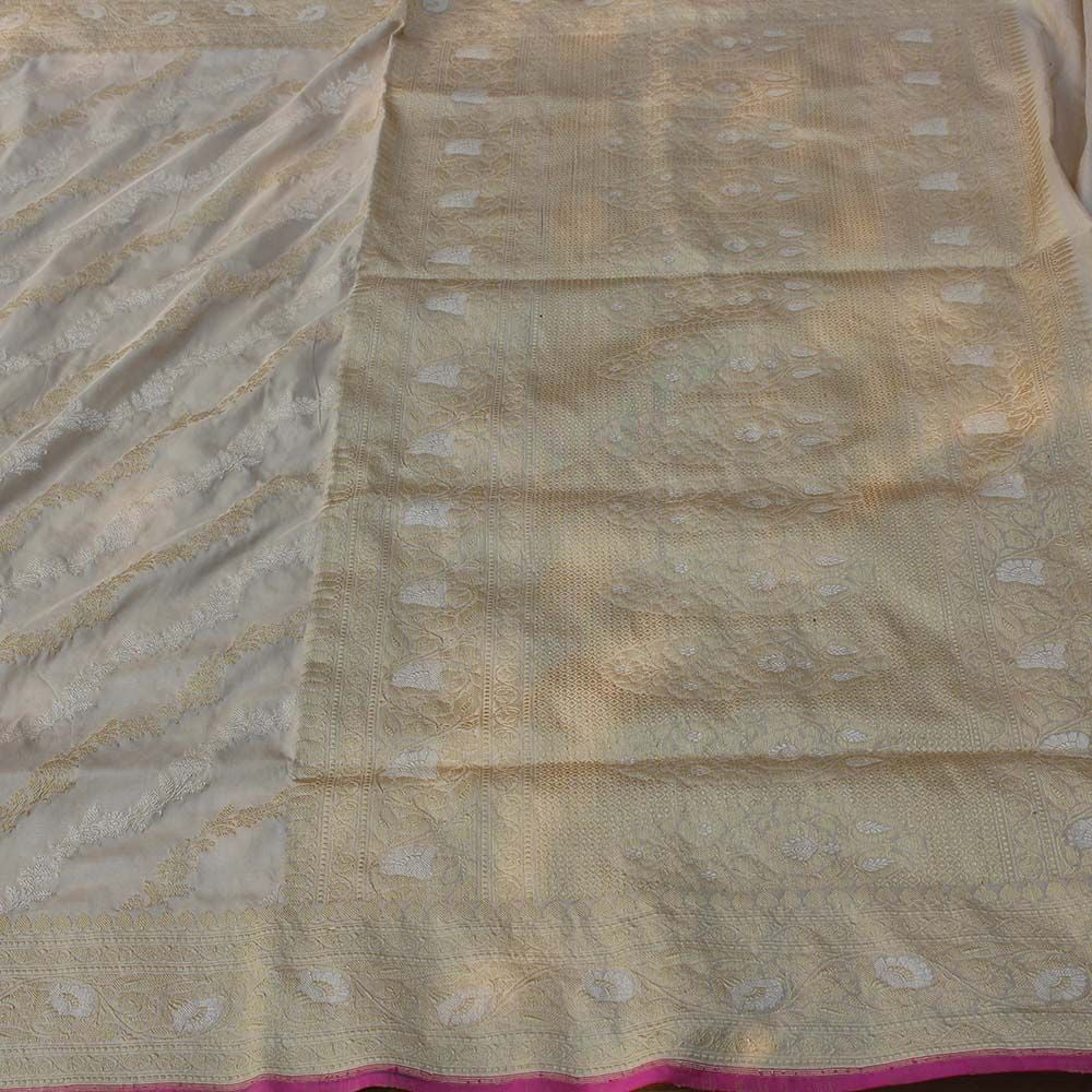 &#39;Sohini&#39; Cream Pure Katan Silk Banarasi Handloom Saree