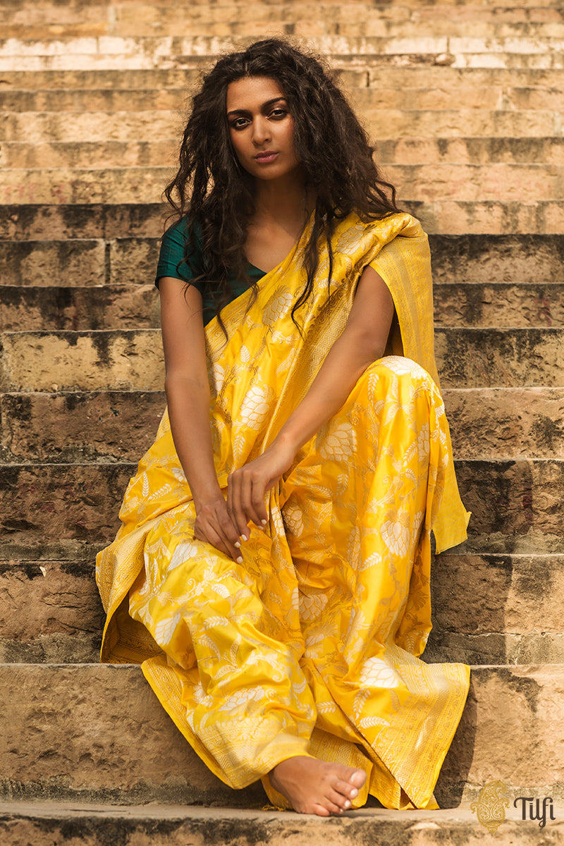 &#39;Suvarna&#39; Yellow Pure Katan Silk Banarasi Handloom Saree