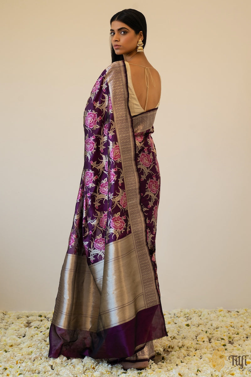 &#39;Bed of Roses&#39; Black-Magenta Pure Katan Silk Banarasi Floral Handloom Saree