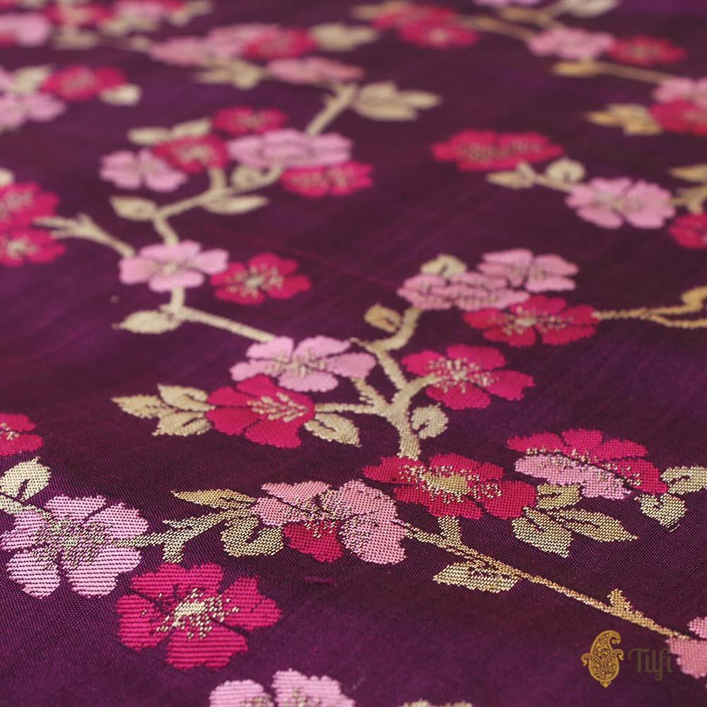 &#39;Cherry Blossoms&#39; Black-Magenta Pure Katan Silk Banarasi Floral Handloom Saree